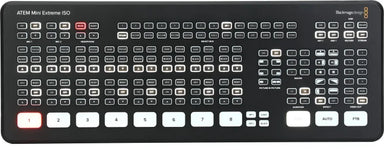 Control panel with various buttons and labels on a black background