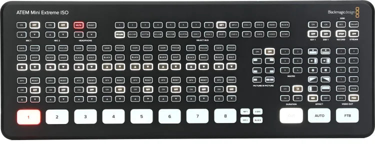 Control panel with various buttons and labels on a black background