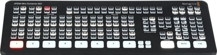 Control panel with various buttons and labels on a black background