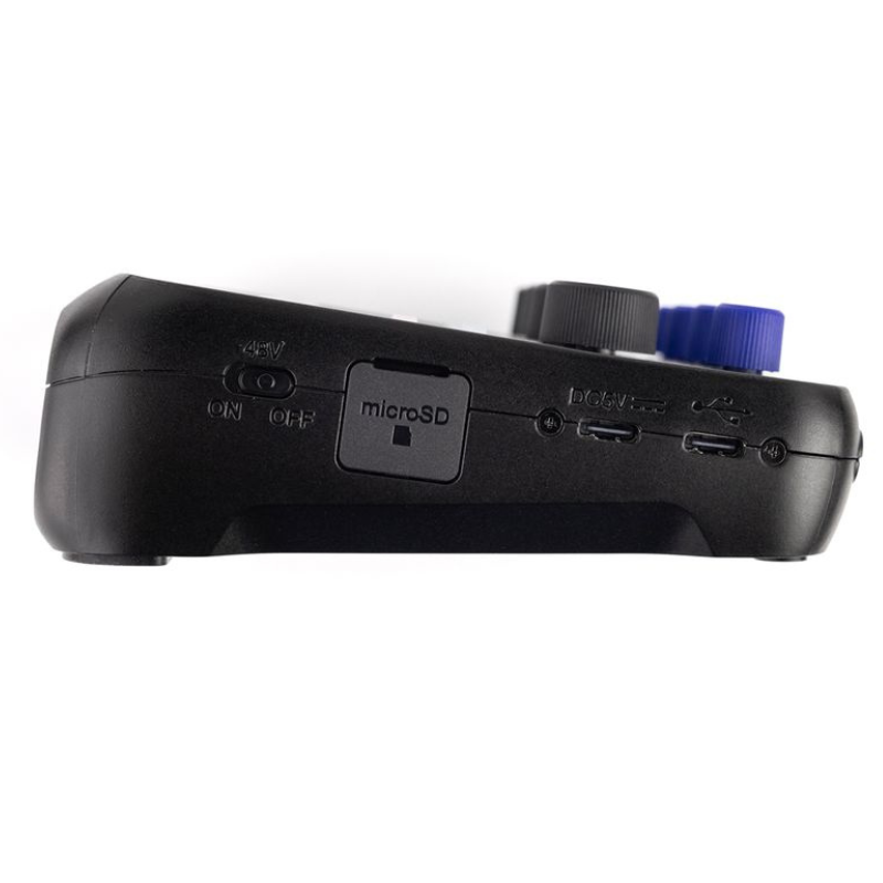 Black electronic device with microSD card slot on a white background