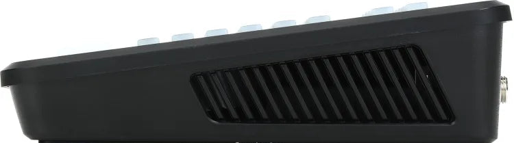 Black electronic device with control panel and vent on a white background