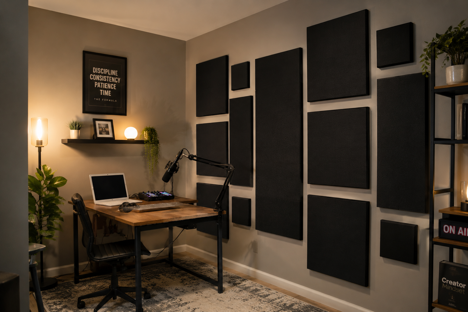 A home office setup featuring a set of black acoustic foam panels mounted on a gray wall. The room includes a wooden desk with a laptop, a black office chair, a floor lamp, and a shelving unit with books and plants.